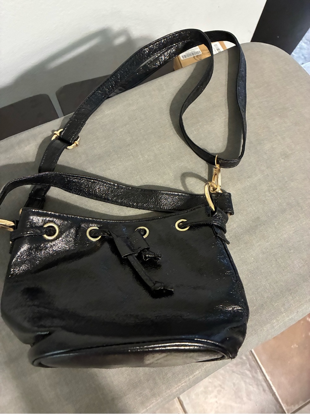 Black Patent Crossbody Drawstring Bag
